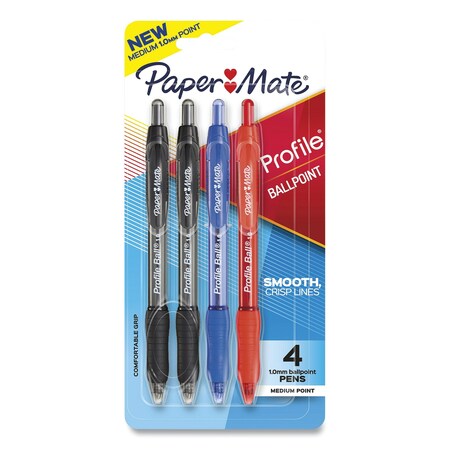 Paper Mate Profile Ballpoint Pen, Retractable, Medium 1 mm, Assorted Ink and Barrel Colors, PK4, 4PK 2113557